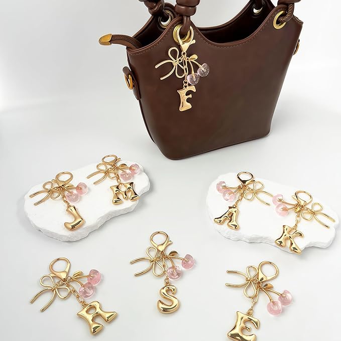 Gold Bubble Heart, Cherry, Bow & More Designs Letter Initial Keychain Bag Charms – Cute Purse Charms for Handbags
