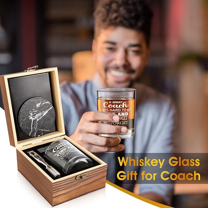 Whiskey Glass Gifts for Coaches, Best Coach Gift for Men, Thank You Gifts for Coaches with 12oz Whiskey Glasses, Stones, Coaster, Wooden Box for Baseball, Softball, Soccer, Basketball Coach