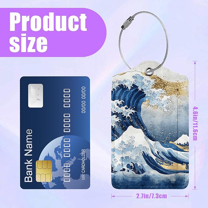 3 Pack Japanese Ocean Wave Luggage Tags for Suitcase Great Waves PU Leather Travel Luggage Tag Privacy Cover ID Label for Women Men Baggage Backpack Handbag School Bag