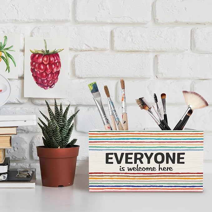 Boho Diversity Inclusion Classroom Decor Pen Pencil Holder for Desk, Everyone is Welcome Here Equality Wooden Box Sign Desk Decor for Classroom School Counselor Office Decoration
