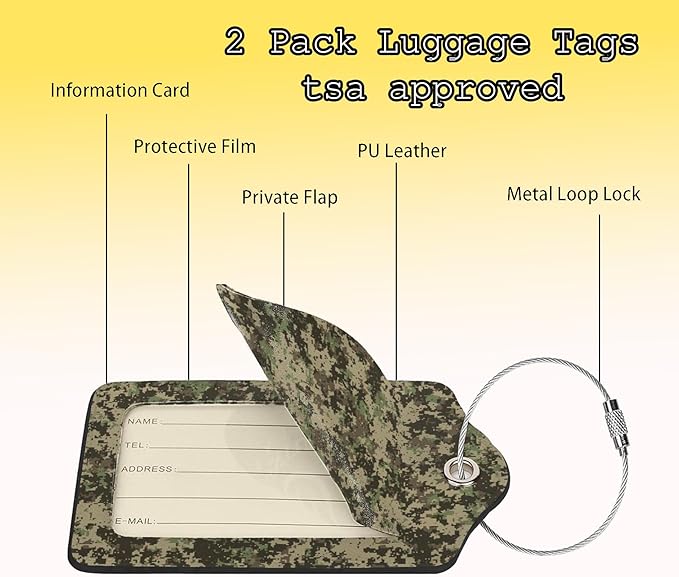 TSA Approved Luggage Tags for Suitcases Camouflage Army Military 2 Pack Funny Leather Carnival Cruise Airport Cute Travel Name Tags Golf Bag tag Ships Essentials Privacy Cover ID Label for Women Men