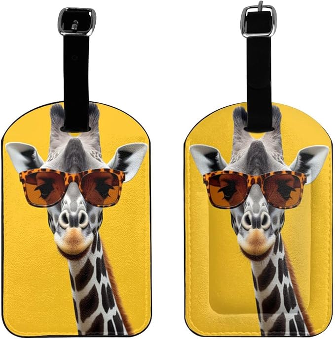 Cute Giraffe Luggage Tag for Suitcases,Animal Yellow PU Leather Baggage Tags Bag Tags Travel Id Label for Luggage Women Men -1 Piece