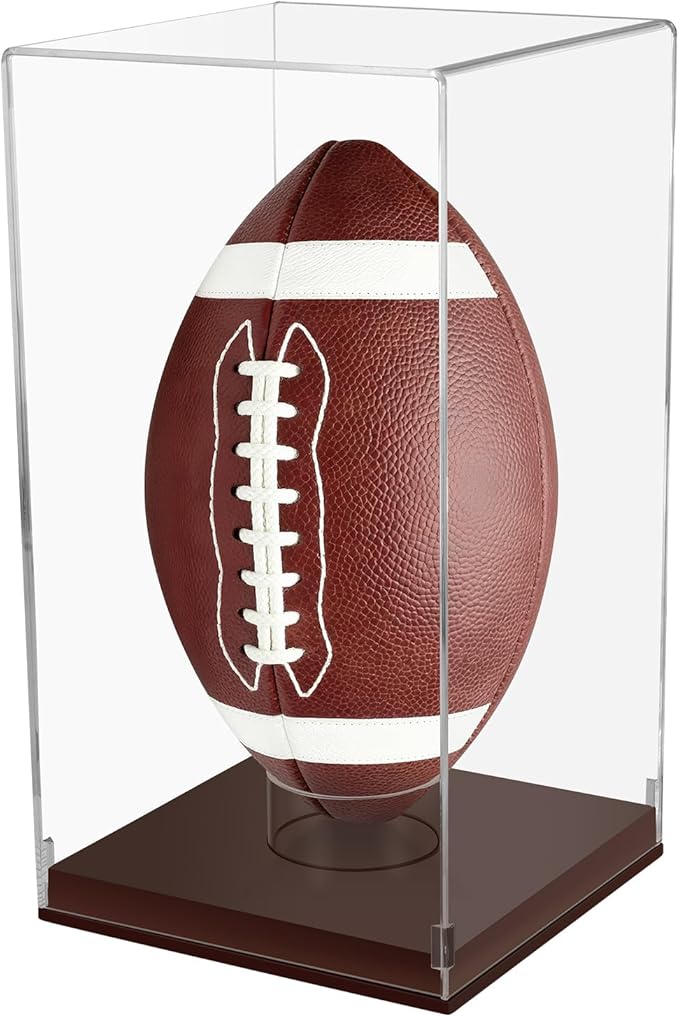 Football Display Case with Wooden Base, UV Protection Clear Acrylic Souvenir Display Box for Autographed Football, Memorabilia, Sports Colle