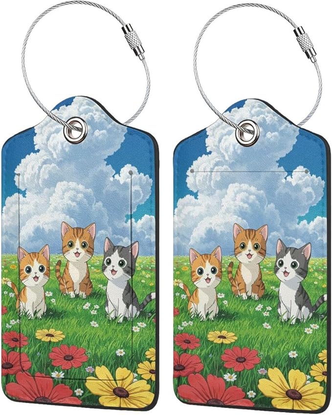 TSA Approved Luggage Tags for Suitcases Cat and Flower 2 Pack Funny Leather Carnival Cruise Airport Cute Travel Name Tags Golf Bag tag Ships Essentials Privacy Cover ID Label for Women Men