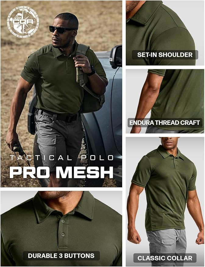 CQR Men's Polo Shirts, Tactical Short Sleeve Golf Performance Shirts, Lightweight Dry Fit UPF 50+ Pique