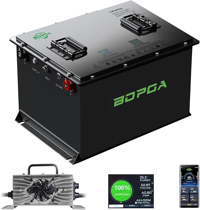 48V 100Ah Lithium Battery Golf Cart with Charger, Golf Cart Batteries Built-in Smart Bluetooth 200A BMS,4000+ Cycles LiFePO4 Battery, 45-Mile Range, Touch Monitor & Mobile APP