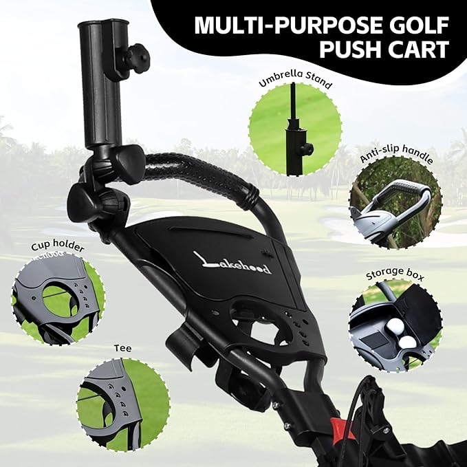 Lakehood 3 Wheel Golf Push Cart & Golf Bag Cart - Easy Fold/Unfold, Smooth Golf Push Pull Cart, One-Tap Brake, Push Golf cart Perfect for Golf Enthusiasts & Professionals