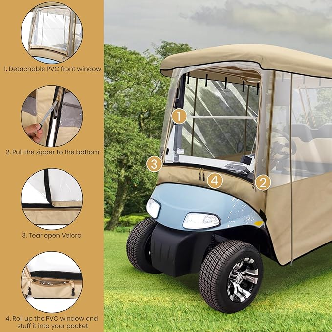 Leader Accessories 2 + 2 Person Golf Driving Enclosure Short Roof 2 Over 4 Passenger Golf Cart (Tan)