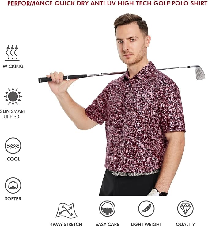 Golf Shirts for Men Dry Fit Short Sleeve Print Performance Moisture Wicking Polo Shirt