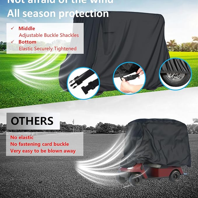 2/4 Passenger Golf Cart Cover for Yamaha EZGO Club Car, 420T Waterproof Polyester with Silver Coating,Waterproof,Dustproof,Windproof,Sunproof，All-Weather Protection (95-48-73-Black)