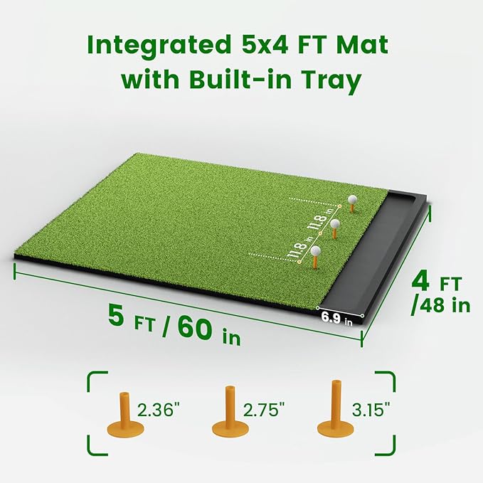 Golf Hitting Mat with Ball Tray, 5x4 / 6x4 ft, 26mm / 31mm Thick, Pro & Elite Turf with Swing Path Line, Premium Golf Practice Mat for Indoor & Outdoor Swing, Chipping, Training