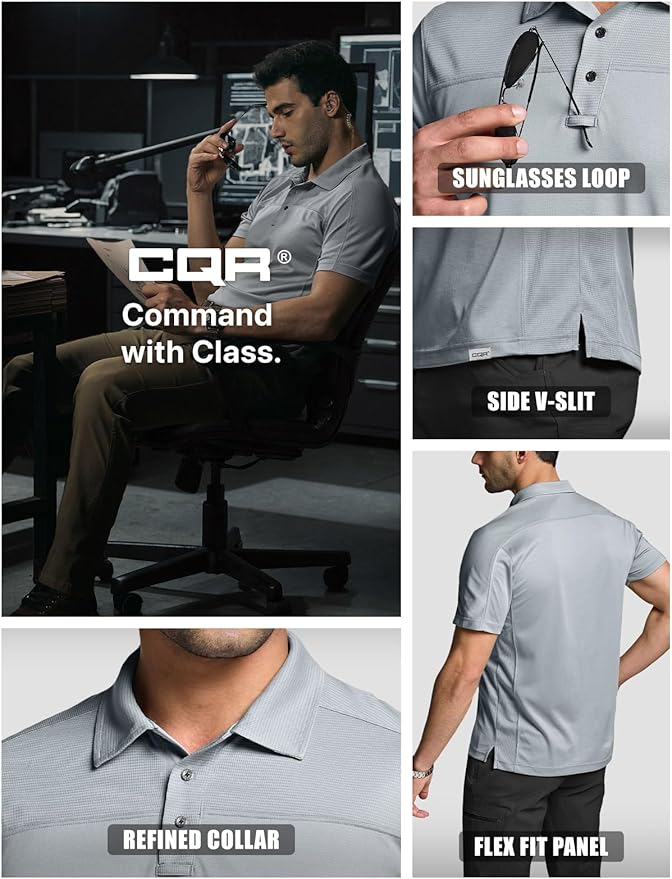 CQR Men's Polo Shirts, Tactical Short Sleeve Golf Performance Shirts, Lightweight Dry Fit UPF 50+ Pique