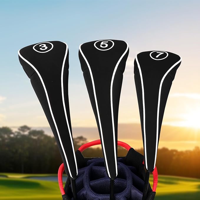 Golf Club Head Covers with Zipper - Balck Golf Club Covers for Woods and Driver Fairway Hybrids, Golf Accessories Headcovers Set