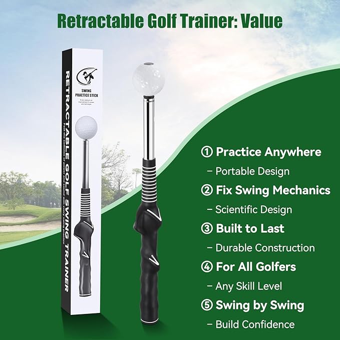 Retractable Golf Swing Trainer - Golf Swing Training Aid with Arm Band,Golf Grip Trainer ＆ Practice Gifts ＆ Swing Tempo Click Stick Right-Handed Training Aid for All Golfers,Indoor & Outdoor Use