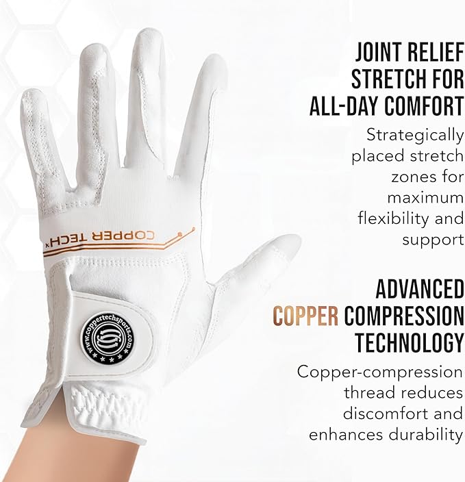 Copper Tech Ladies Golf Gloves Women Right Handed Golfer or Left Handed Golfer 2 Pack | Copper Compression Joint Support with Flexible & Comfortable Fit | AAA Leather & Silicone Tacky Pad