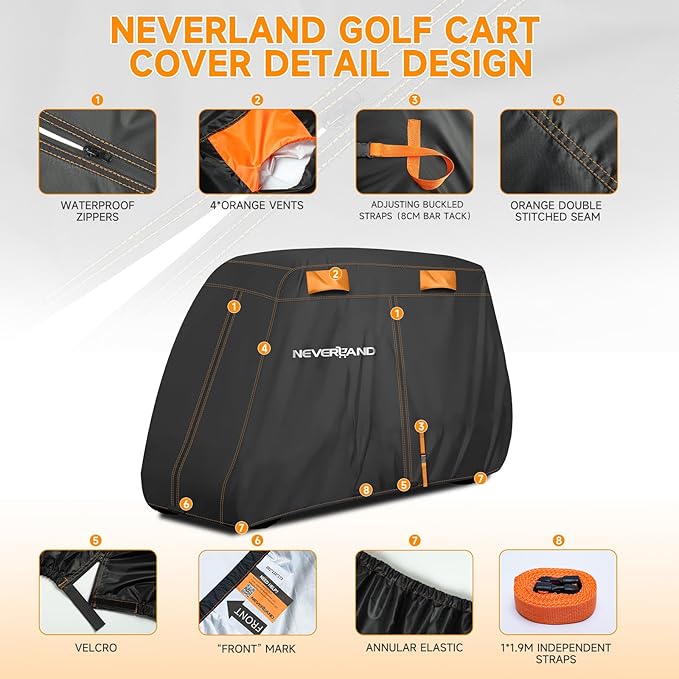 NEVERLAND Golf Cart Cover 4 Passenger, Heavy Duty 420D Golf Cart Covers, Waterproof Club Car Golf Cart Cover with Zipper Doors Compatible with EZGO Yamaha Club Car 4 Seat (Up to 115 Inch)