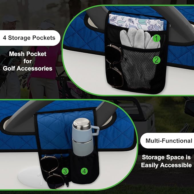Universal Golf Cart Seat Covers Waterproof Golf Cart Seat Protector with 4 Side Pockets & Anti-Slip Bottom Fits for Most Golf Carts,Fits for EZGO,Club Car,Yamaha and More(Blue with side pockets)