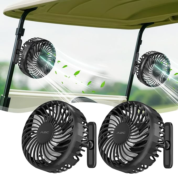 A2C Golf Cart Fan Rechargeable Magnetic Base Battery Operated Portable Fan 3 Speeds 4000 RPM Strong Airflow Compatible with Yamaha, EZGO, Club Car - 360° Rotatable Golf Cart & Cruise Ship Accessories