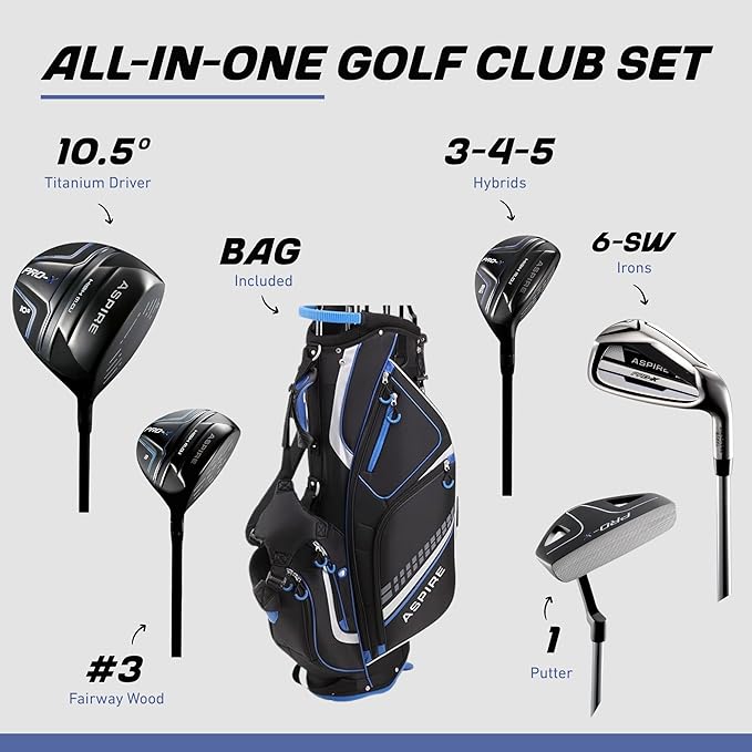Aspire PRO-X Men’s 19-Piece Golf Set – Titanium Driver, Wood, 3-5 Hybrids, 6-SW Irons, Putter, Stand Bag, 5 Headcovers and Cover – RH