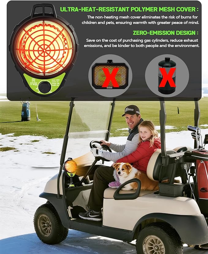 48V Electric Golf Cart Heater, Upgraded Burn-Proof Grille & Infinite Temp Control & Carbon Fiber Heating, Battery Operated Heater for Club Car/Yamaha/EZGO Golf Cart Accessories