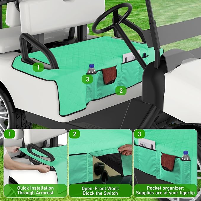Kaskawise Golf Cart Seat Covers,Universal Golf Cart Seat Towel Blanket with 4 Front Pockets & Nonskid Bottom Fits for EZGO, Yamaha, Club Car DS Precedent and More 2 Person Seats Golf Carts (Green)