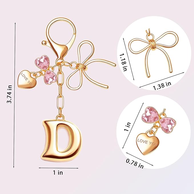 Gold Bubble Initial Keychain with Bow Decoration Bag Charms for Women, Cute Purse Handbag Accessories Gift