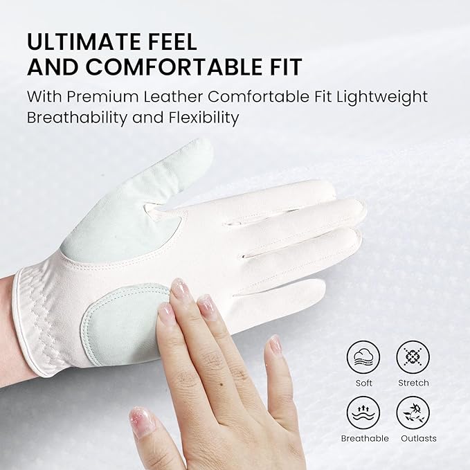 Ladies Golf Gloves Women Right Handed Golfer Left Hand Value 2 Pack with Ball Marker Leather All Weather Grip Breathable Soft Gift Set