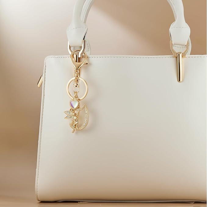 Gold Plated Alphabet Initial Letter Keyring Keychain for Women Girls Crystal Key Chains for Wallet Backpack Bag Charm