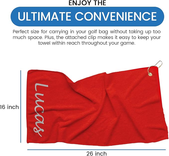 Personalized Passion Golf Towel with Embroidered Name - 16"x26" Custom Golf Towels with Clip - Soft & Highly Absorbent Plush Velour - Easily Wipes Away Sweat and Dirt - Gift for Golfers - Red