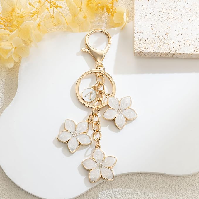 XGALBLA White/Pink/Black Big Cute Flower Initial Letter Keychain for Women, Flower Bag Charms Enameled Keychain Handbag Purse