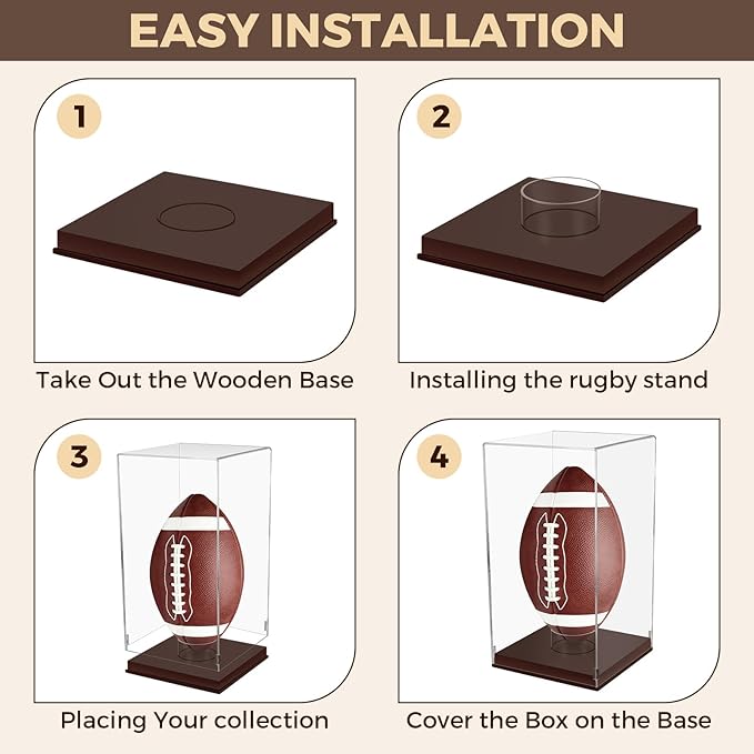 Football Display Case with Wooden Base, UV Protection Clear Acrylic Souvenir Display Box for Autographed Football, Memorabilia, Sports Colle