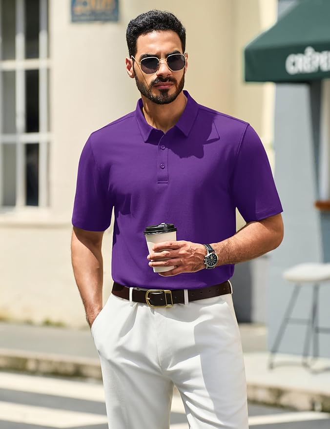 TACVASEN Mens Polo Shirts Short Sleeve Pique 3 Buttons Golf Polo Cooling Performance Moisture Wicking Shirt