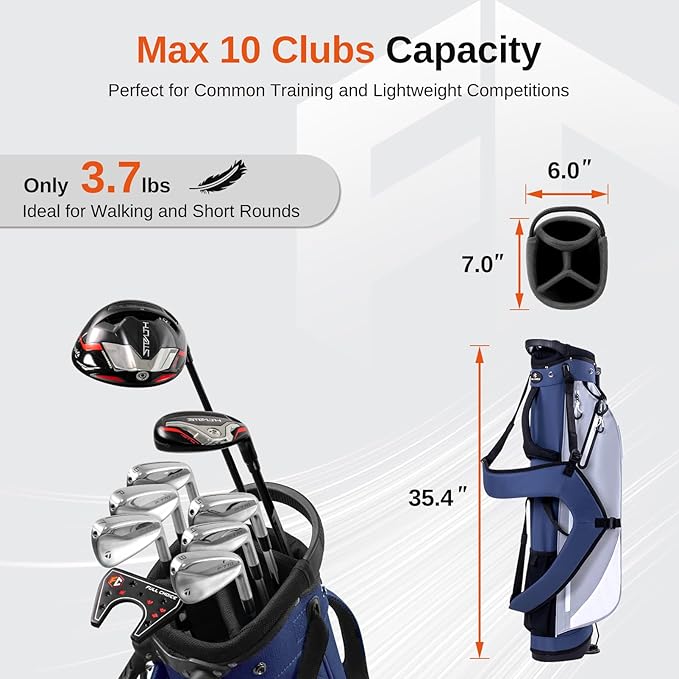 Lightweight Golf Stand Bag, 4-Way Full-Length Dividers, Holds Up to 10 Clubs, 3.7 lbs Golf Bag with Dual Straps & Stand for Driving Range, Par 3, and Standard Courses