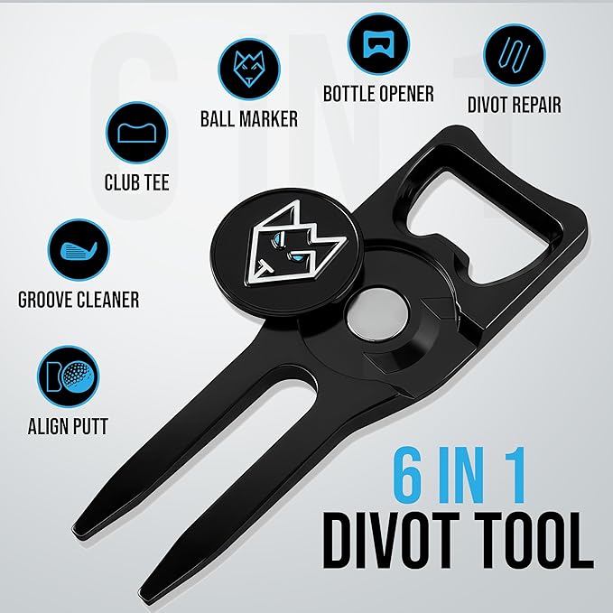 Wolf Golf Towels Divot Repair Tool | 6-in-1 Premium Divot Tool with Ball Marker | Golf Gifts for Men & Women | Golf Accessories for Men & Women