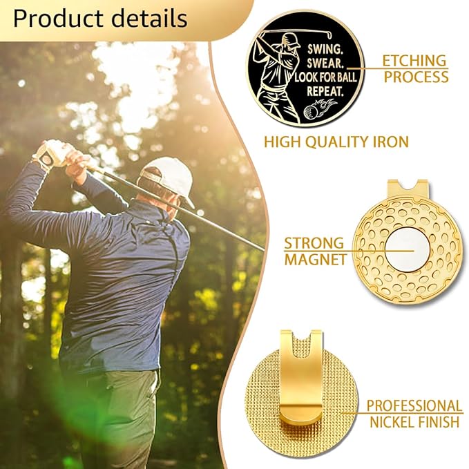 Swing Swear Look for Ball Repeat Black Gold Golf Ball Marker with Magnetic Hat Clip, Golf Accessories for Men Women, Golf Gifts for Men Women Golfer, Birthday Retirement Gifts for Golf Fan?D?