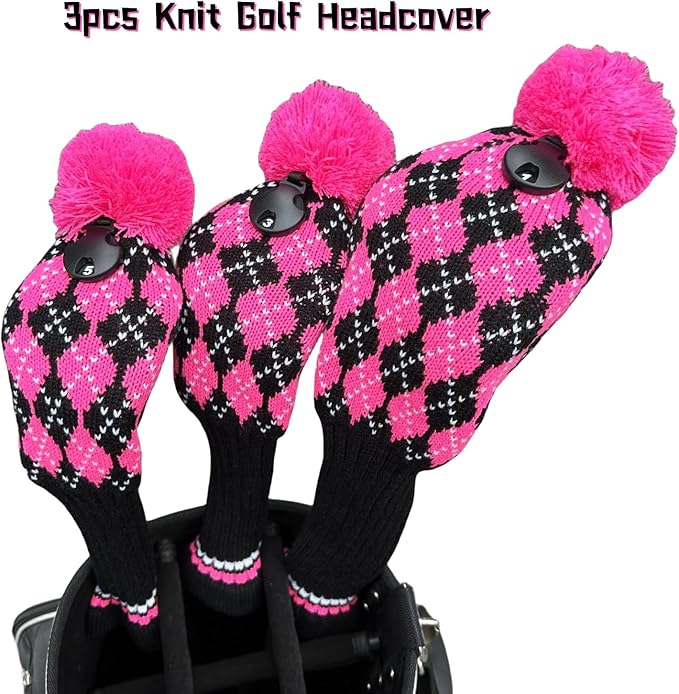 3pcs Knit Pink Golf Club Head Covers, Golf Driver 3 5 Fairway Woods Covers, Pom Pom Golf Wood Headcovers Covers for Driver, 3 5 Woods Women