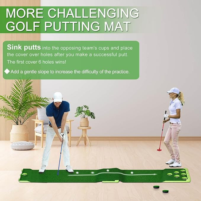 Golf Putting Game Set with Front Border for Indoor & Outdoor,Golf Putting Green Mat Include 4 Balls,1 Portable Bag,2 Flags&Cups,Practice Training Aid for Backyard,Party,Office