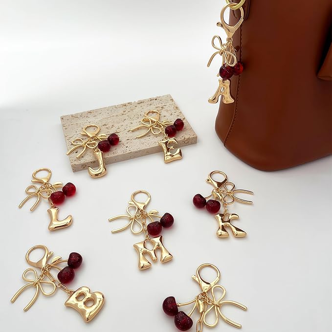 Gold Bubble Heart, Cherry, Bow & More Designs Letter Initial Keychain Bag Charms – Cute Purse Charms for Handbags