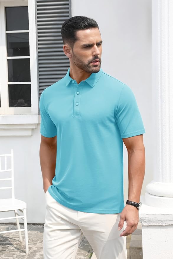 MAGCOMSEN Men's Polo Shirts Short Sleeve Cotton Pique 3 Button Classic Fit Casual T-Shirt Performance Golf Shirts