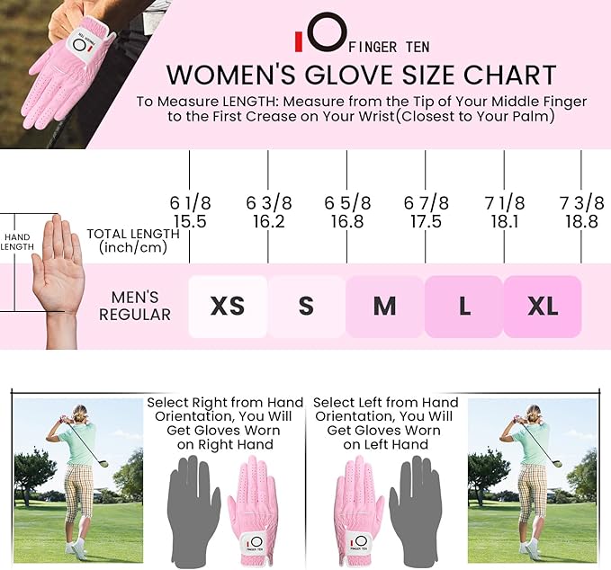 FINGER TEN Womens Ladies Golf Gloves Pair Both Hand or 2 Pack Left Right Hand, All Weather Grip & Comfortable Glove for Serious Performance, Stylish Pink White Fit S M L XL
