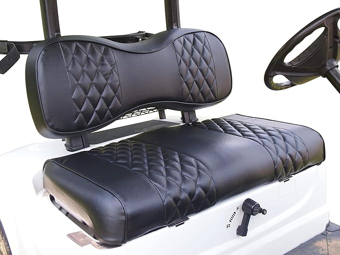 Huskey 2PCS Golf Cart Front Seat Covers for Club Car DS 2000.5 UP G&E Models Custom Two-Tone Black Diamond Stitching with Black Piping, Marine Grade Vinyl Material, Staple on Design
