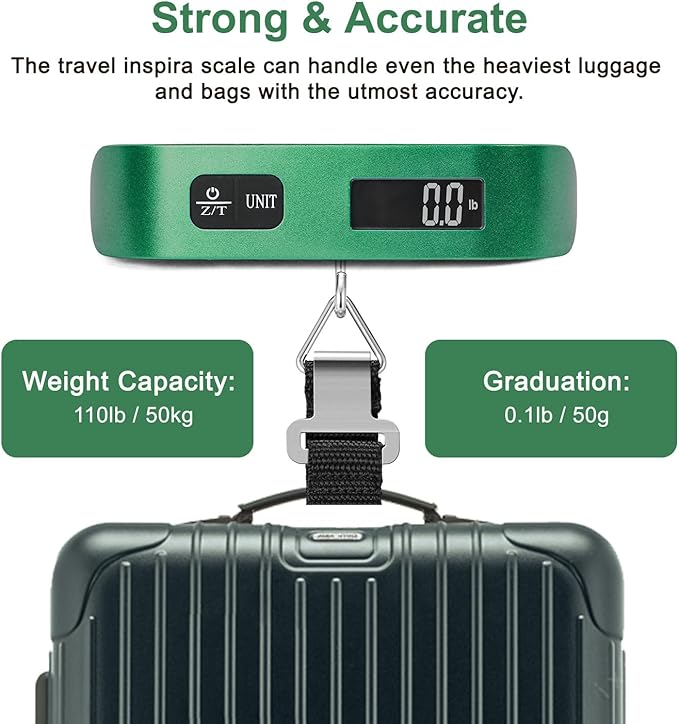 travel inspira Luggage Scale, Portable Digital Hanging Baggage Scale for Travel, Suitcase Weight Scale with Rubber Paint, 110 Pounds, Battery Included