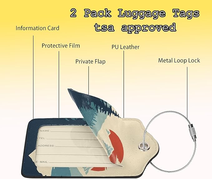 TSA Approved Luggage Tags for Suitcases Mountain Sun Forest 2 Pack Funny Leather Carnival Cruise Airport Cute Travel Name Tags Golf Bag tag Ships Essentials Privacy Cover ID Label for Women Men