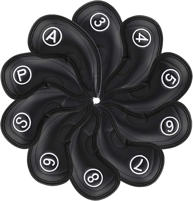 Golf Irons Club Head Covers, Golf 10pcs Set Thick PU Leather Waterproof Head Covers with Number Tag 3-9/A/P/S Fit Most Irons Club