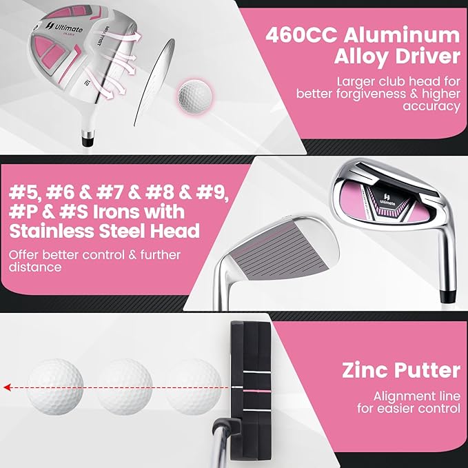 GYMAX Women Golf Clubs, 16PCS Right Handed Golf Set Includes Graphite 460CC Driver(1), Fairway (3), Hybrid (5) & Irons Size 5-SW, Putter & Stand Bag with Rain Hood, Complete Golf for Ladies