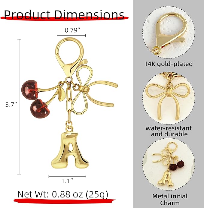 Gold Bubble Heart, Cherry, Bow & More Designs Letter Initial Keychain Bag Charms – Cute Purse Charms for Handbags