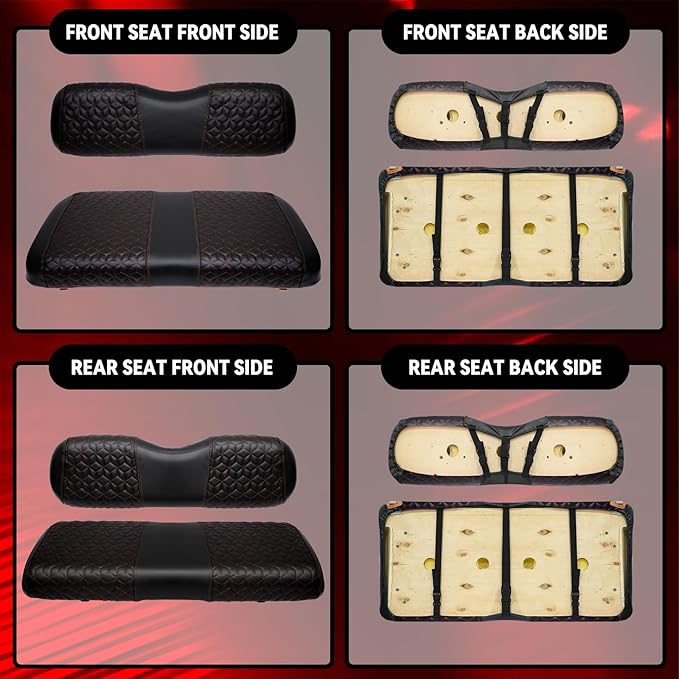 Golf Cart Seat Covers Front and Rear for EZGO TXT 1994-2013 Standard Seat Cushion, EZGO Vinyl Leather Seat Cover Set Replacement Accessories, No Staples, Black(4 PCS)