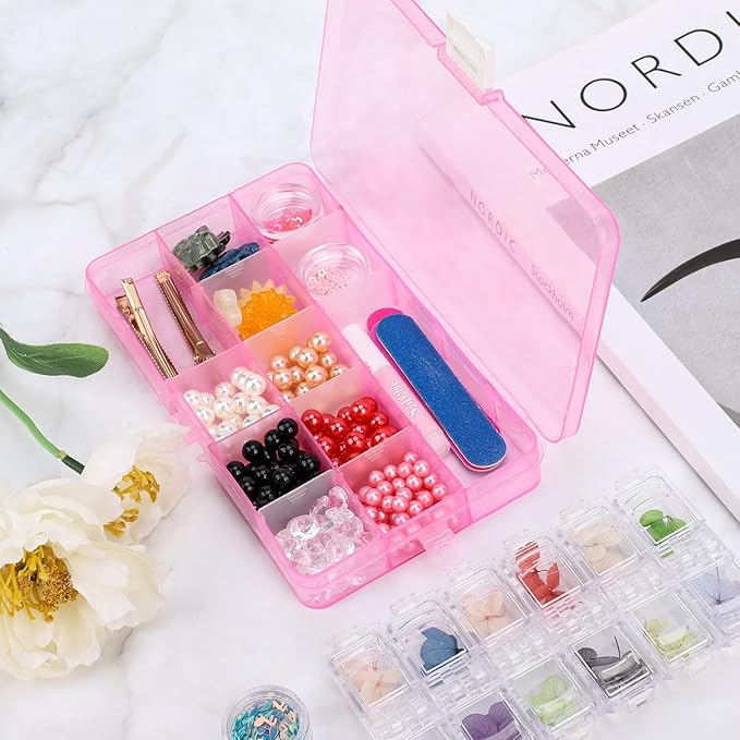 Small Compartment Organizer Case, 4PCS 15-Grid Adjustable Plastic Box with Dividers, Acrylic Fake Nail Charms Bead Rhinestone Jewelry Holder, Craft Screw Hardware Parts Empty Storage Container