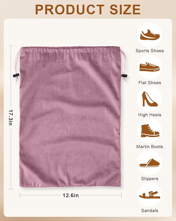 FantasyLife Shoe Bags for Travel, Washable Dust Bags for Storage & Packing, Flannel Shoe Pouch with Drawstring Closure for Purses, Handbags, Shoes & Toys (4, Parfait Pink)
