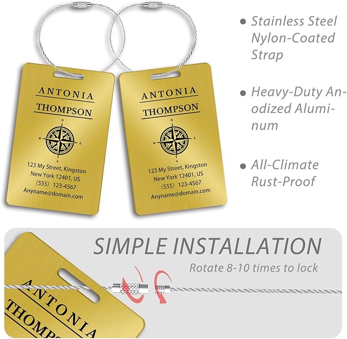 Custom Stainless Steel Luggage Tags (2 Pack) - Personalized Laser Engraved Luggage Tag, Waterproof Durable, for Bags, Backpack Travel, Suitcases (Gold)